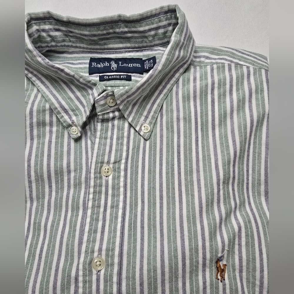 Ralph Lauren Green Blue Striped Classic Fit Oxford Dress Shirt size 17.5 34/35